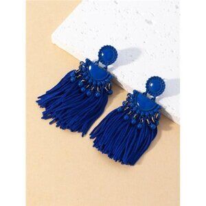 WOMEN'S Blue Bead & Geometric Metal Tassel Drop Earrings